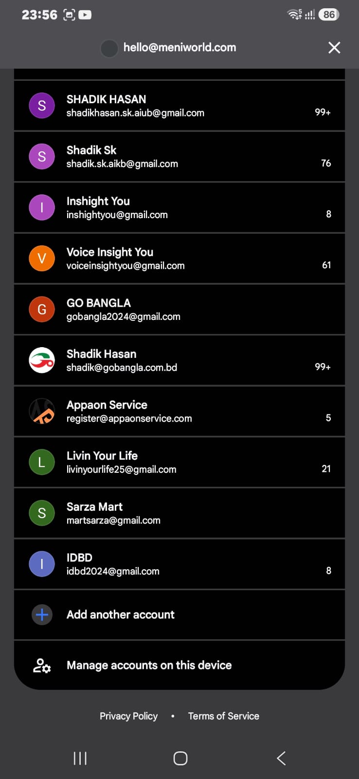 Gmail account list with the Add another account option at the bottom; other accounts blurred for privacy