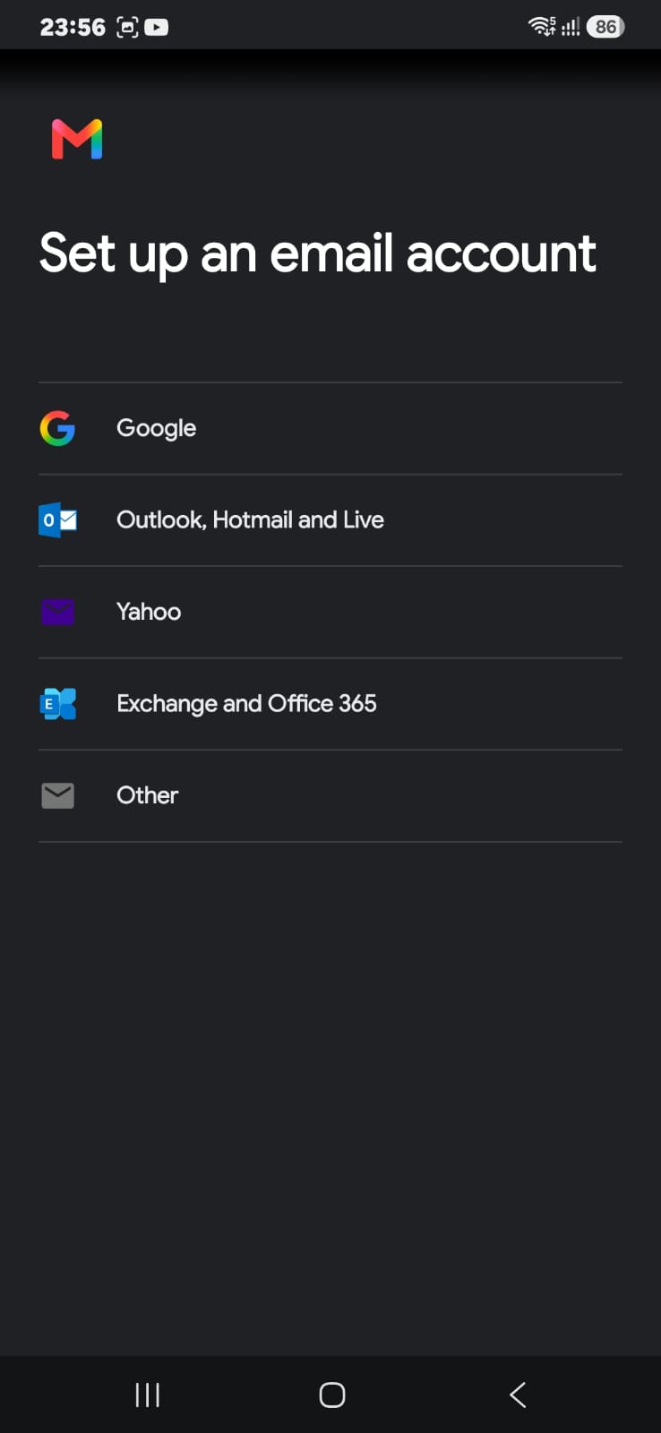 Set up an email account screen with provider options, Other at the bottom