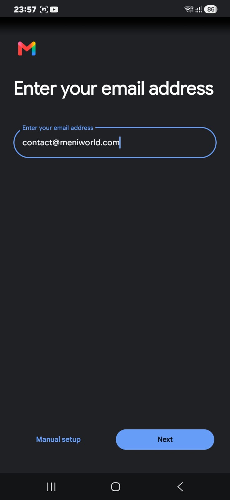 Enter your email address screen with contact@meniworld.com typed in