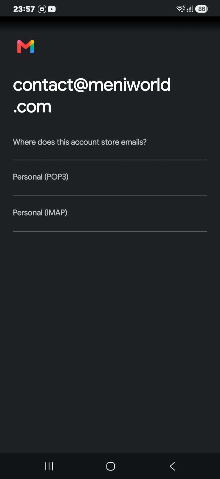 Account type screen offering Personal POP3 and Personal IMAP