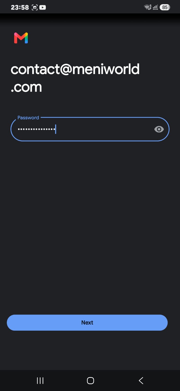 Password entry screen for contact@meniworld.com