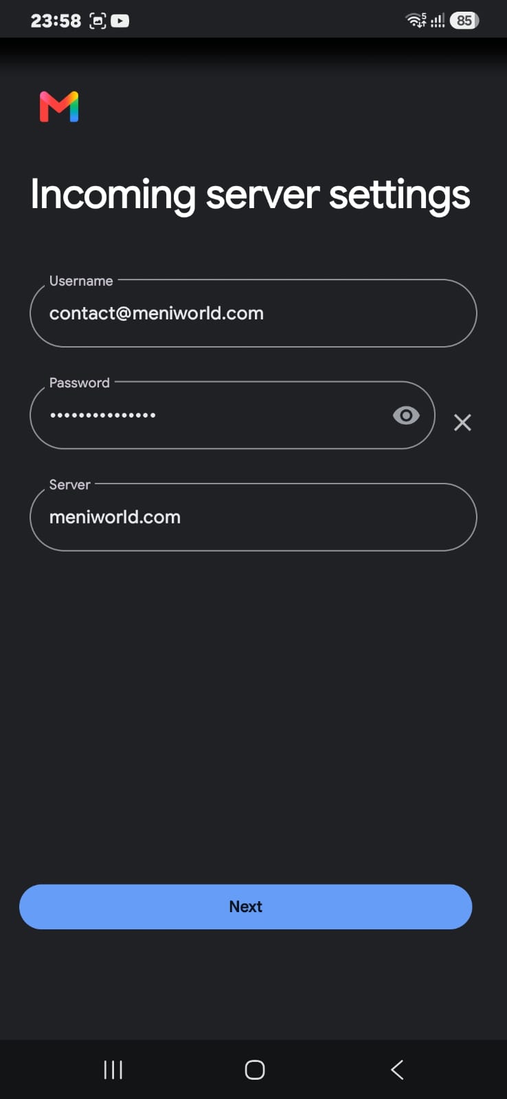 Incoming server settings with username, password and server fields