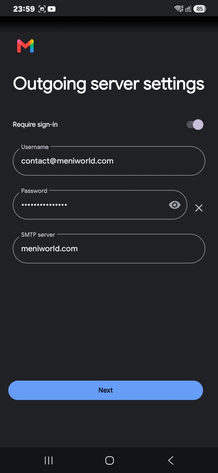 Outgoing server settings with Require sign-in enabled and SMTP server filled in