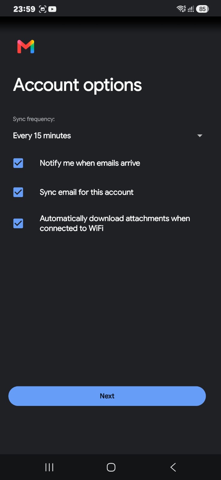 Account options screen with sync frequency and notification checkboxes