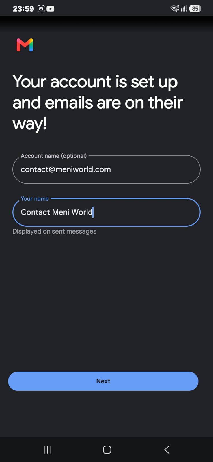 Account setup confirmation screen with account name and your name fields