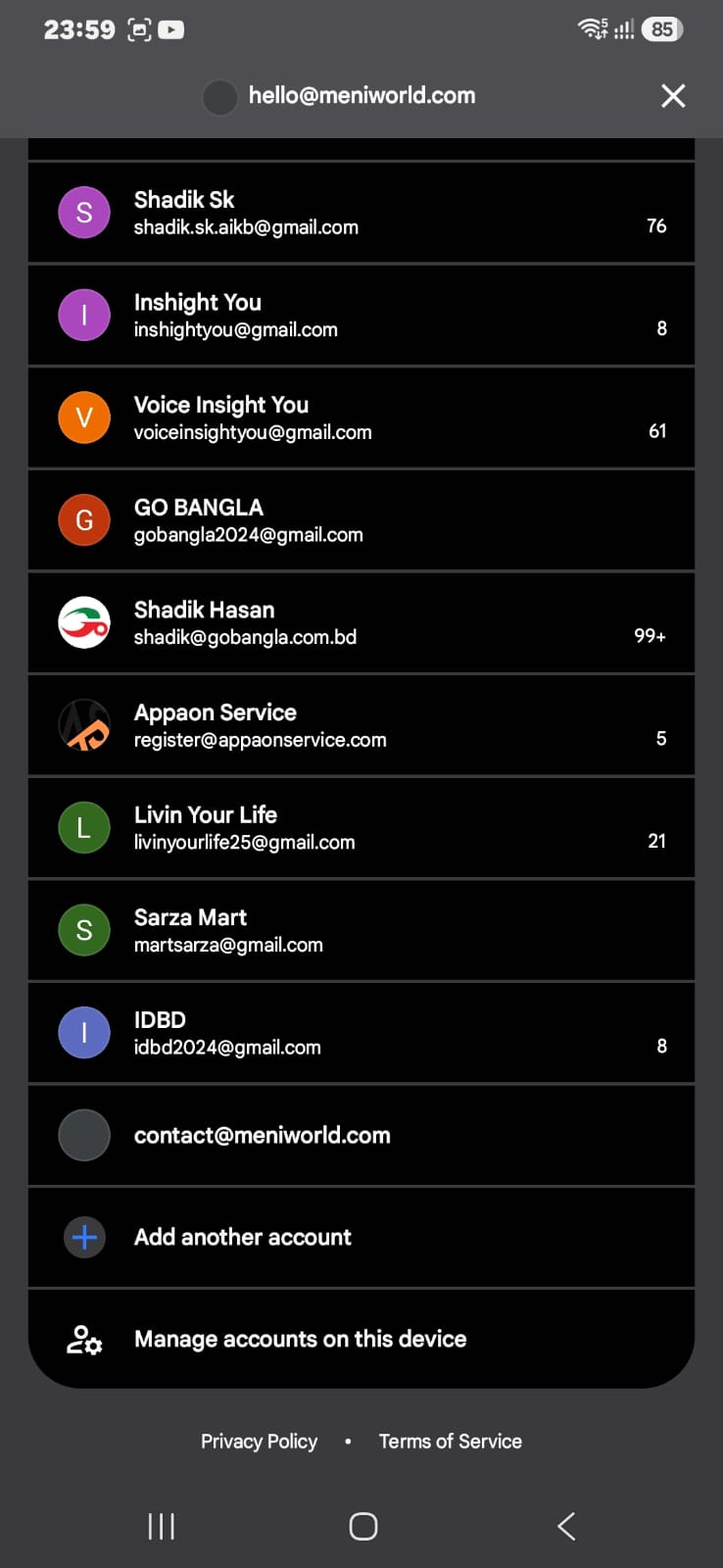 Gmail account list now showing contact@meniworld.com added; other accounts blurred for privacy